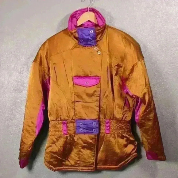 VINTAGE 80s Gerry Ski Snow Coat Metallic Copper Purple Space Age Women Large - Picture 1 of 16